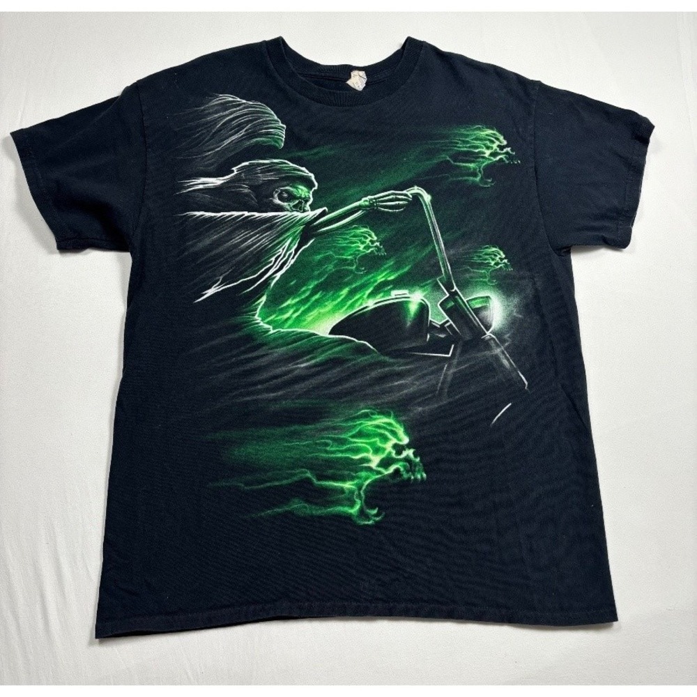 Gildan Heavy Cotton Men's Large Black Grim Reaper Biker Graphic T Shirt